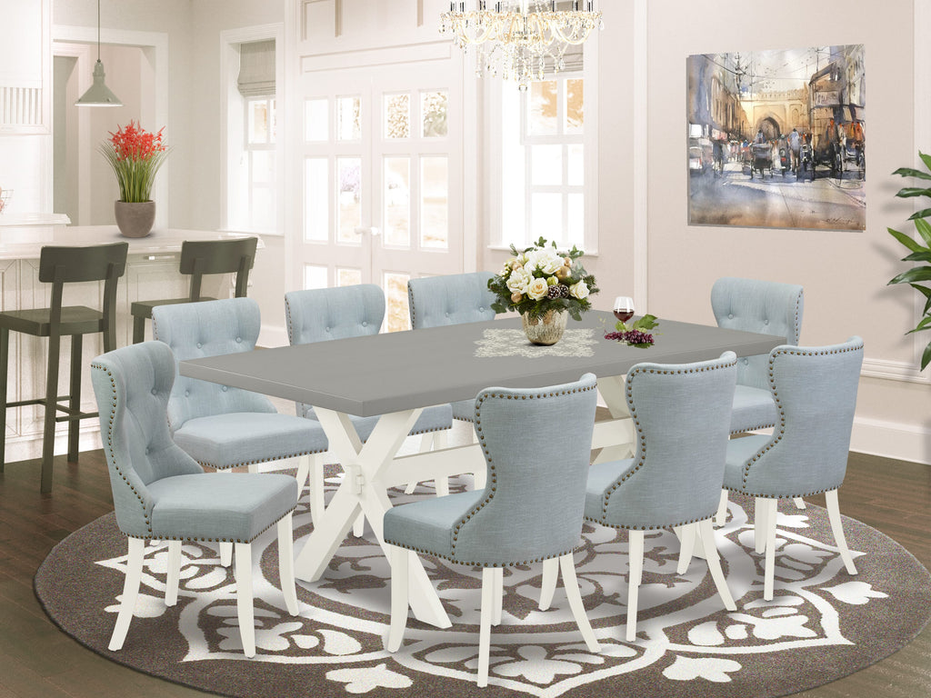 X097SPEB0-4 Elegant 9-Piece Dining Collection with Rectangle Table & 8 Baby Blue Linen Parsons Chairs Set