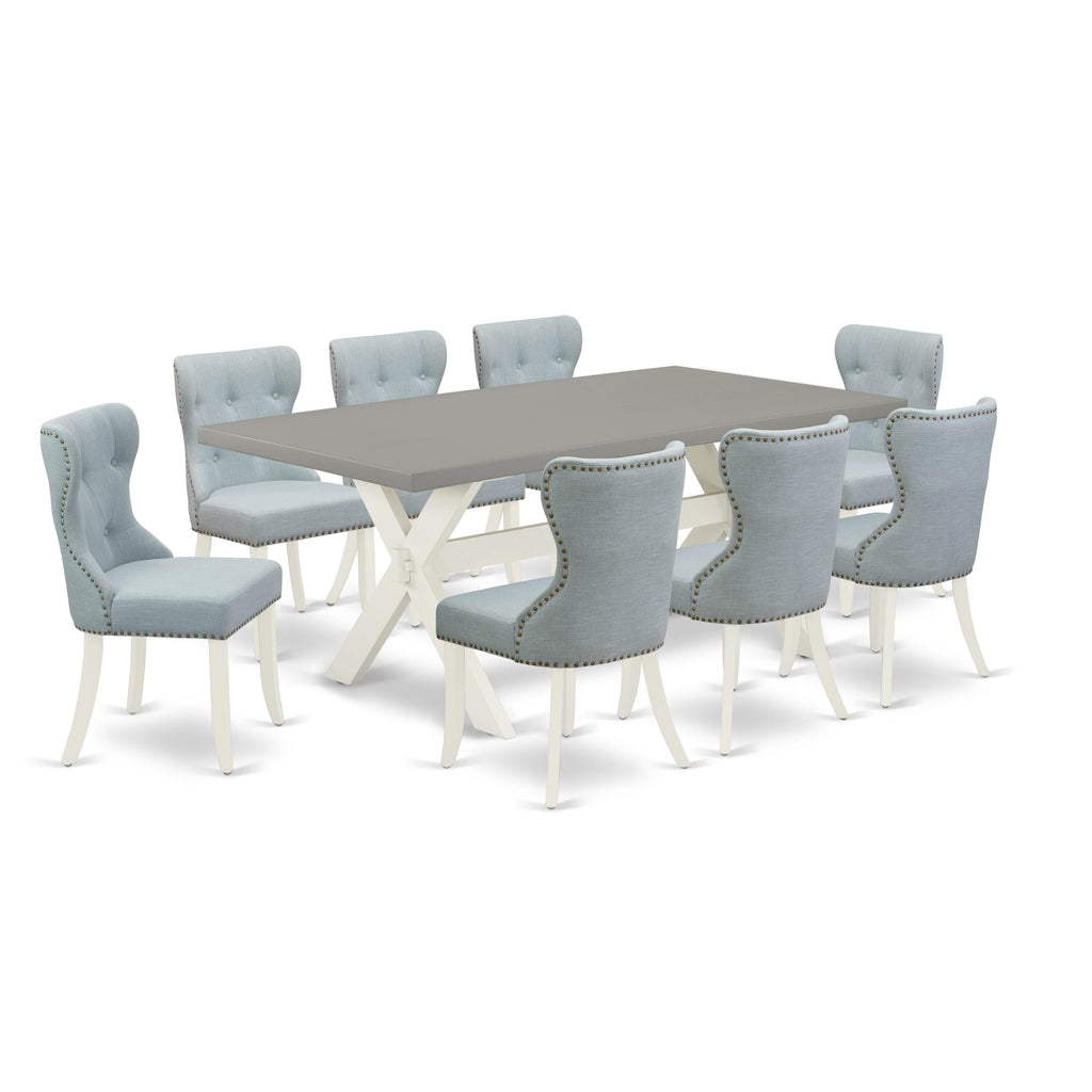 X097SPEB0-4 Elegant 9-Piece Dining Collection with Rectangle Table & 8 Baby Blue Linen Parsons Chairs Set