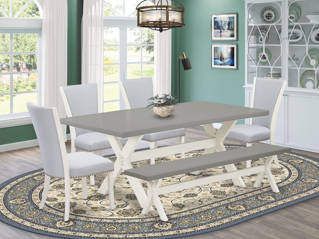 X097VIMU0-D 6-Piece Dining Set with Rectangular Table, X-Legs, Grey Linen Parson Chairs & Bench