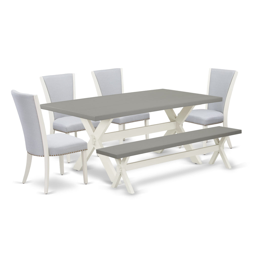 X097VIMU0-D 6-Piece Dining Set with Rectangular Table, X-Legs, Grey Linen Parson Chairs & Bench
