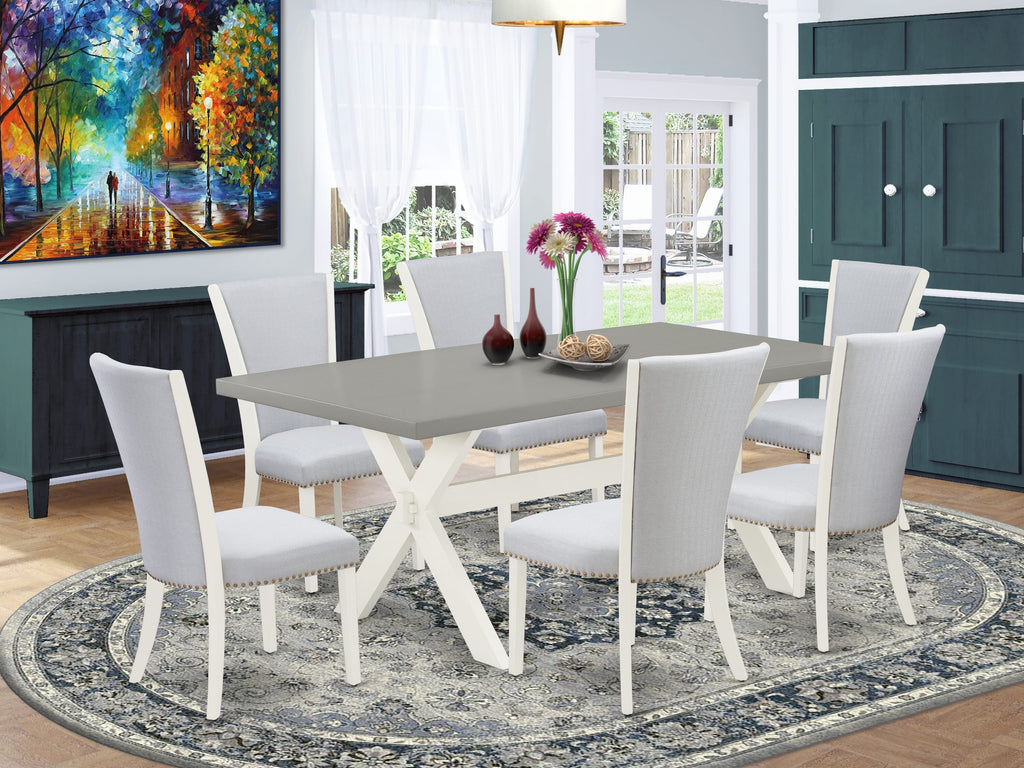 X097V9M7G-W 7-Piece Dining Ensemble with Rectangular Table and Upholstered Grey Chairs