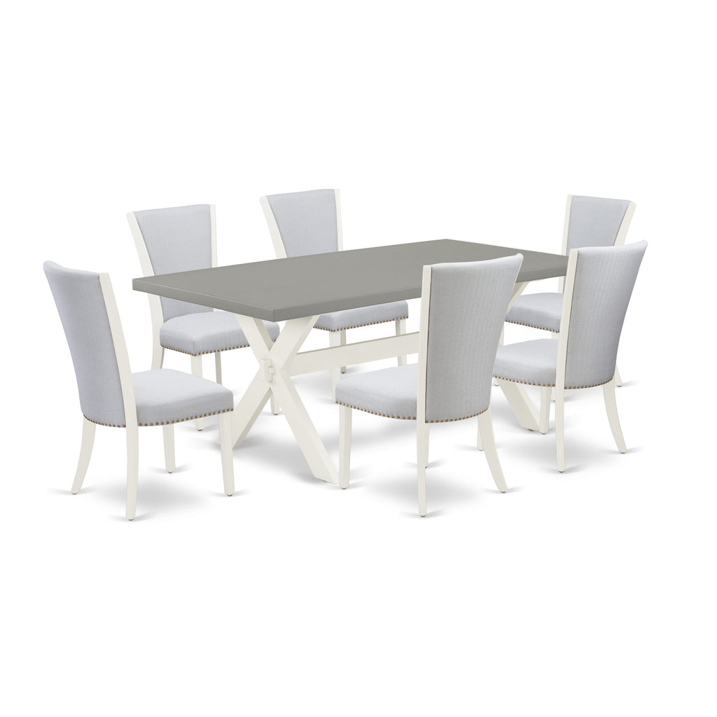 X097V9M7G-W 7-Piece Dining Ensemble with Rectangular Table and Upholstered Grey Chairs