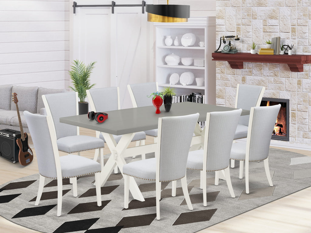 X097V33WY-Q 9-Piece Set Rectangular Dining Table with X-Legs & 8 Upholstered Chairs in Grey Linen, 40x72 Ideas