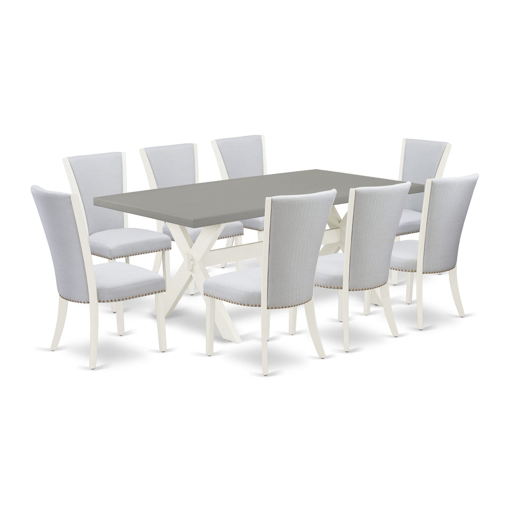 X097V33WY-Q 9-Piece Set Rectangular Dining Table with X-Legs & 8 Upholstered Chairs in Grey Linen, 40x72 Ideas