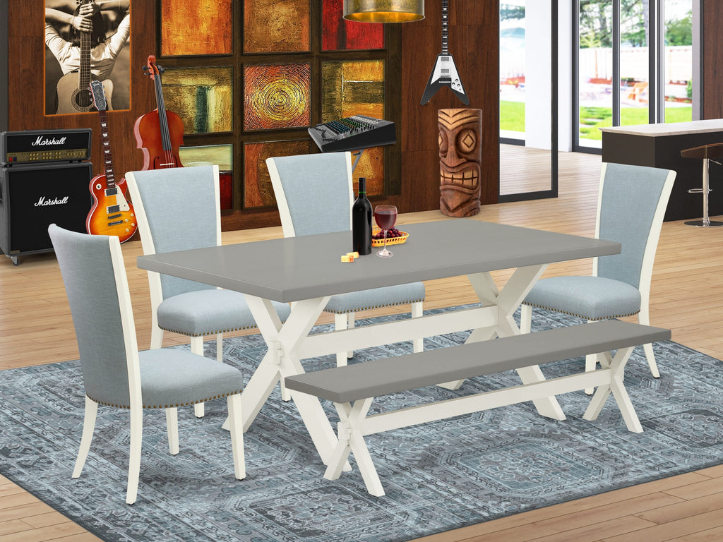 X097VSMKP-P 6-Piece Dining Set with Rectangular Table, X-Legs, Seating for 6 in Blue Linen
