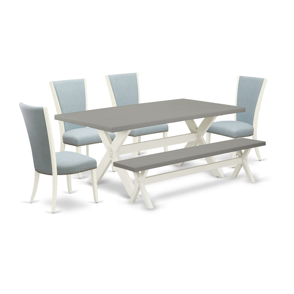 X097VSMKP-P 6-Piece Dining Set with Rectangular Table, X-Legs, Seating for 6 in Blue Linen