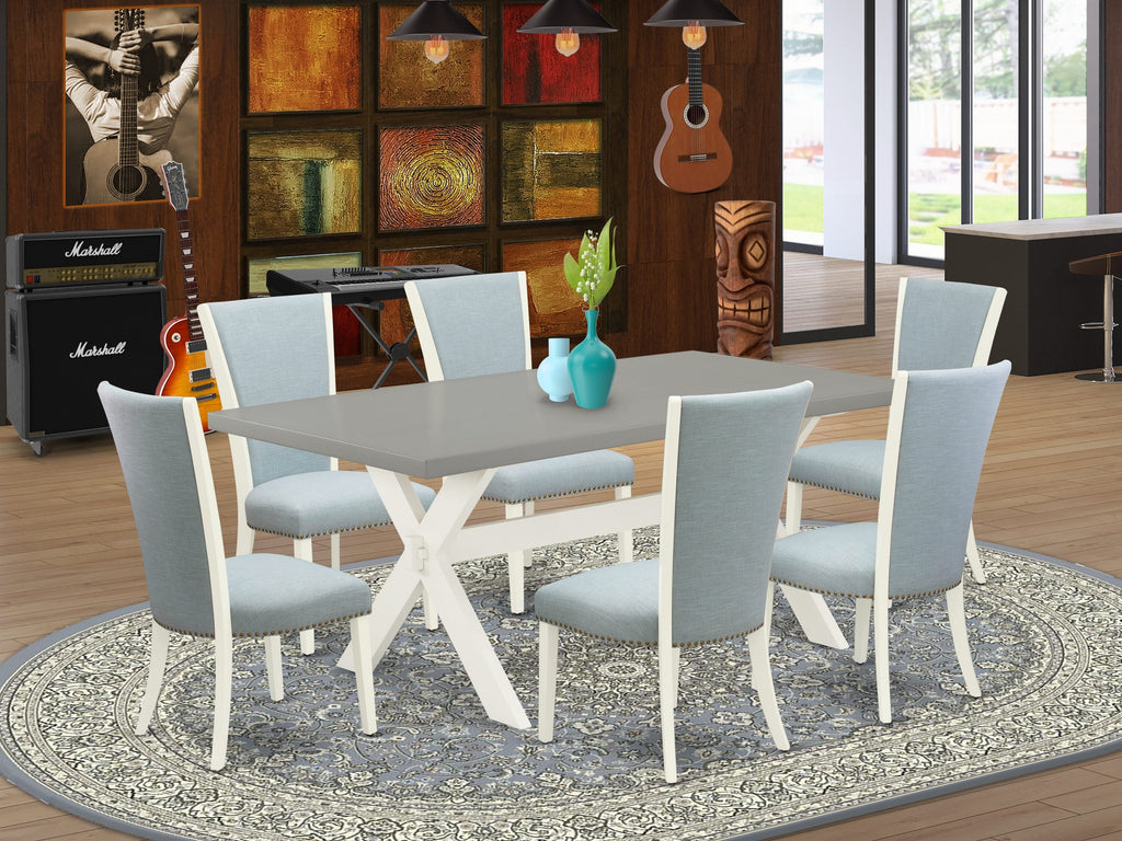 X097VU6EO-Y 7-Piece Dining Set with Stylish X-Legs Table and Upholstered Blue Linen Chairs, Multicolor, 40x72