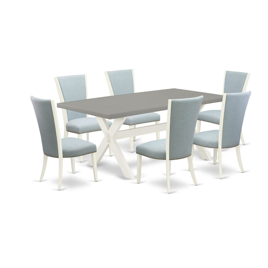 X097VU6EO-Y 7-Piece Dining Set with Stylish X-Legs Table and Upholstered Blue Linen Chairs, Multicolor, 40x72