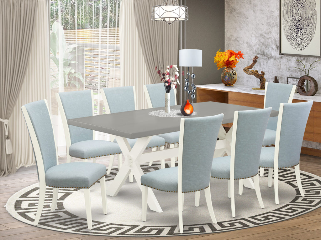 9-Piece Dining Ensemble X097VP4KS-C Rectangular Table with X-Legs & 8 Blue Upholstered Chairs