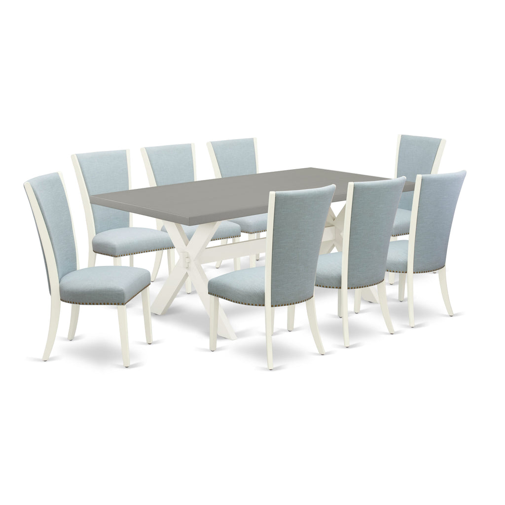 9-Piece Dining Ensemble X097VP4KS-C Rectangular Table with X-Legs & 8 Blue Upholstered Chairs