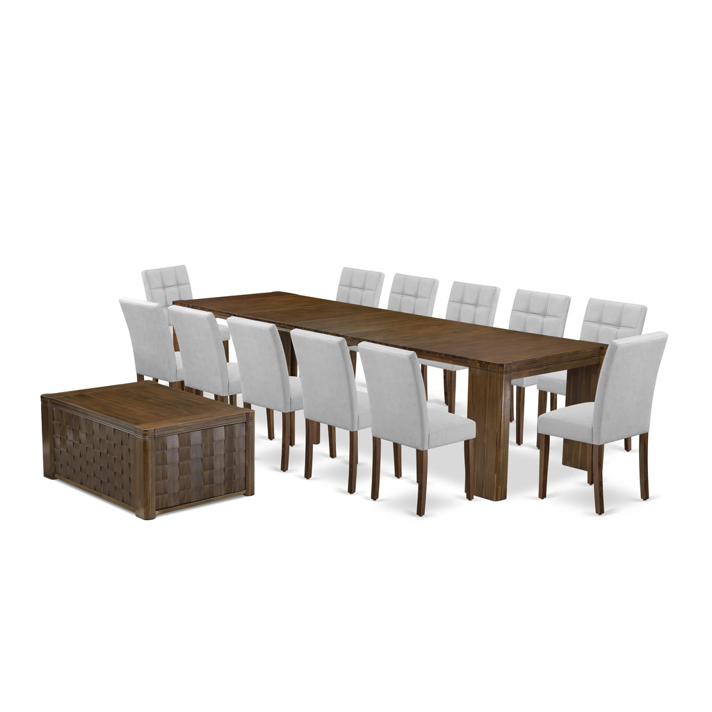 Antique Walnut Dining Ensemble with Extendable X12AS-XRQ-LW Set of 14 for Elegant Dining Rooms Includes Rectangle Table, Coffee Table & 12 Chairs