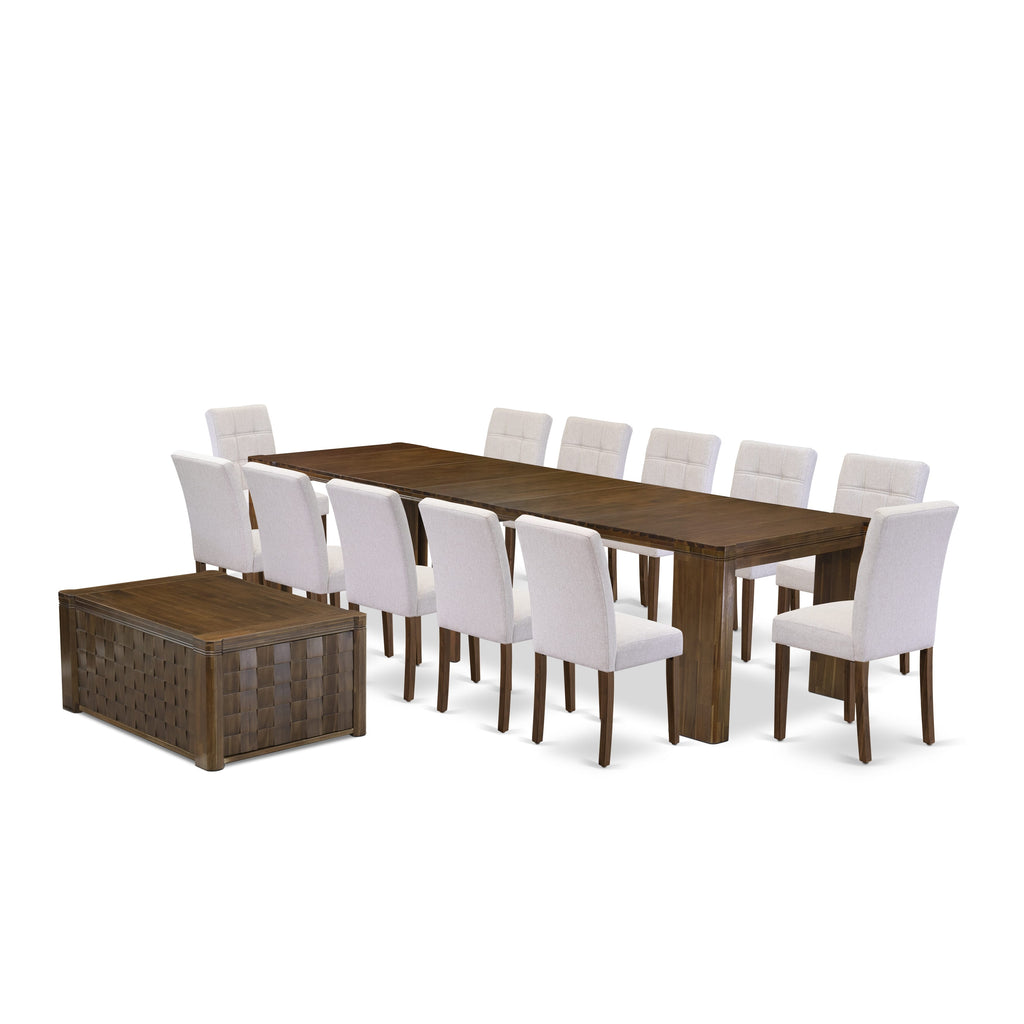 X12AS-OWD-D4 Elegant 14-Piece Dining Collection with Extendable Rectangle Table and Chairs, Antique Walnut Finish