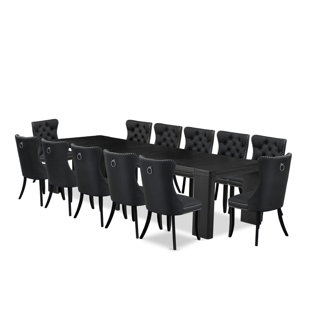 X12DA-9ON-ND Elegant Dining Ensemble 13-piece Set with Rectangular Surface and 12 Chic Faux Leather Chairs in Matte Black
