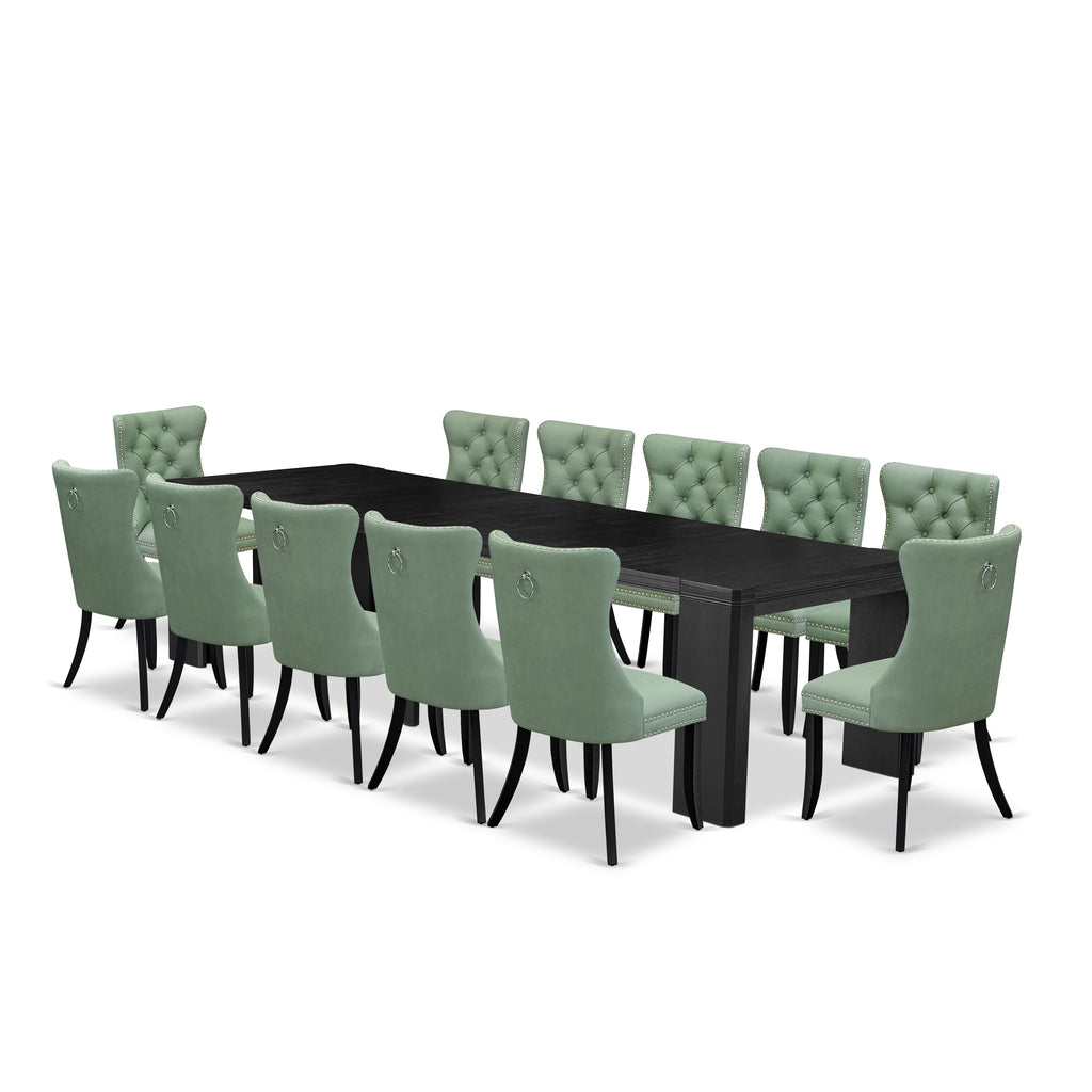 X12DA-GTE-C0 Grand 13-Piece Dining Elegance Rectangular Table & 12 Green Faux Leather Chairs with Brush Black Finish