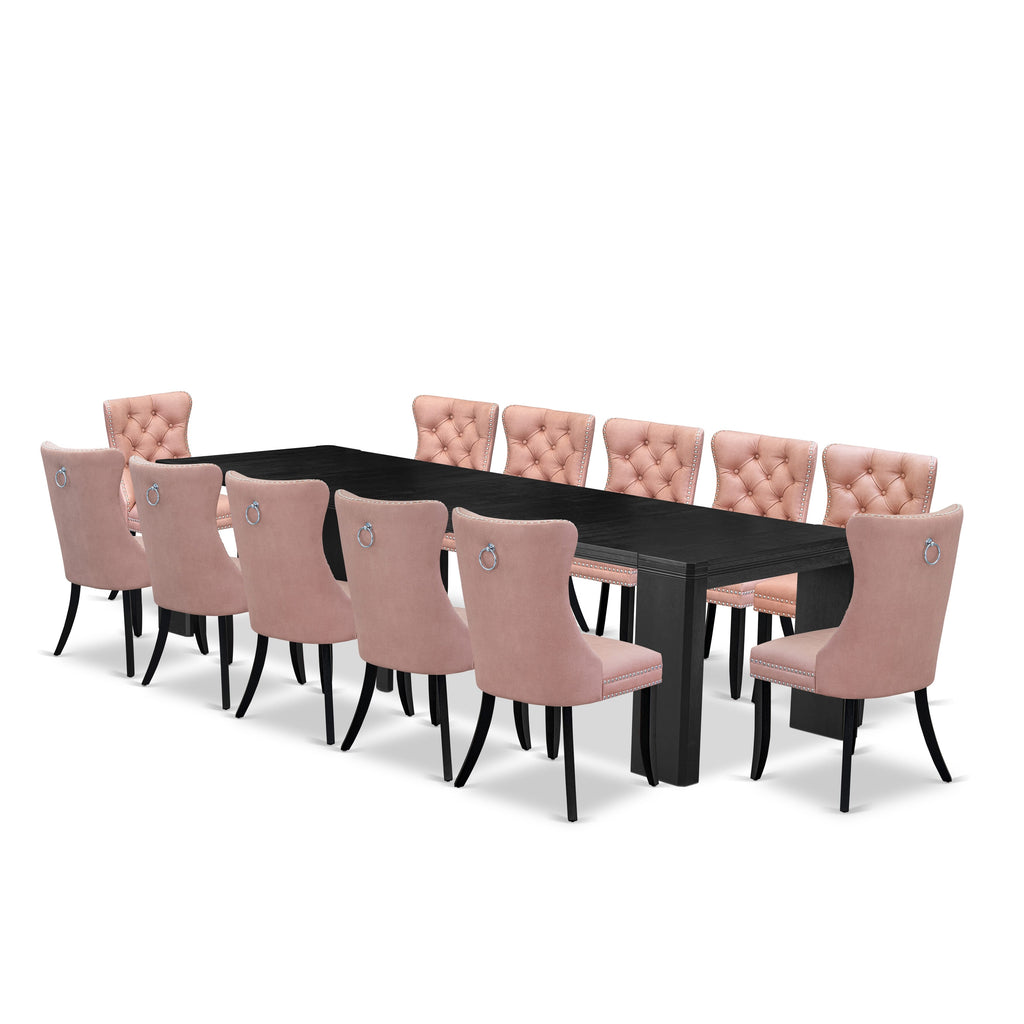 X12DA-QMI-HS Luxe 13-Piece Elegant Dining Ensemble Set with Table and 12 Stylish Faux Leather Chairs in Wire Brushed Black