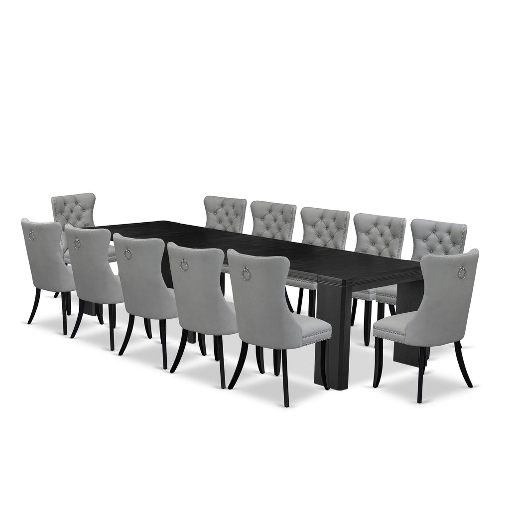 X12DA-0QQ-NS Elegant 13-Piece Dining Ensemble Rectangular Table with 12 Faux Leather Chairs in Chic Wire Brushed Finish