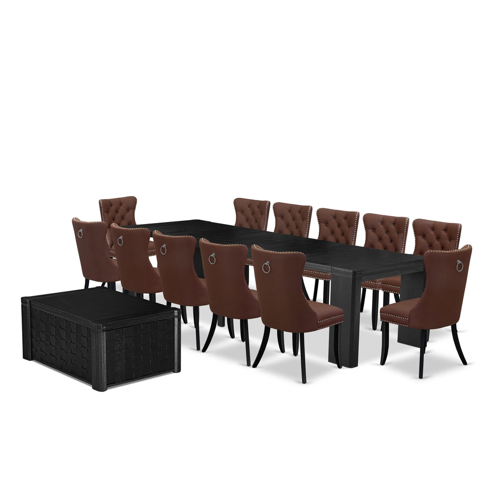 X12DA-2K6-1Q 14-Piece Burgundy Faux Leather Dining Set with Black Finish - Table Set for Luxe Rooms