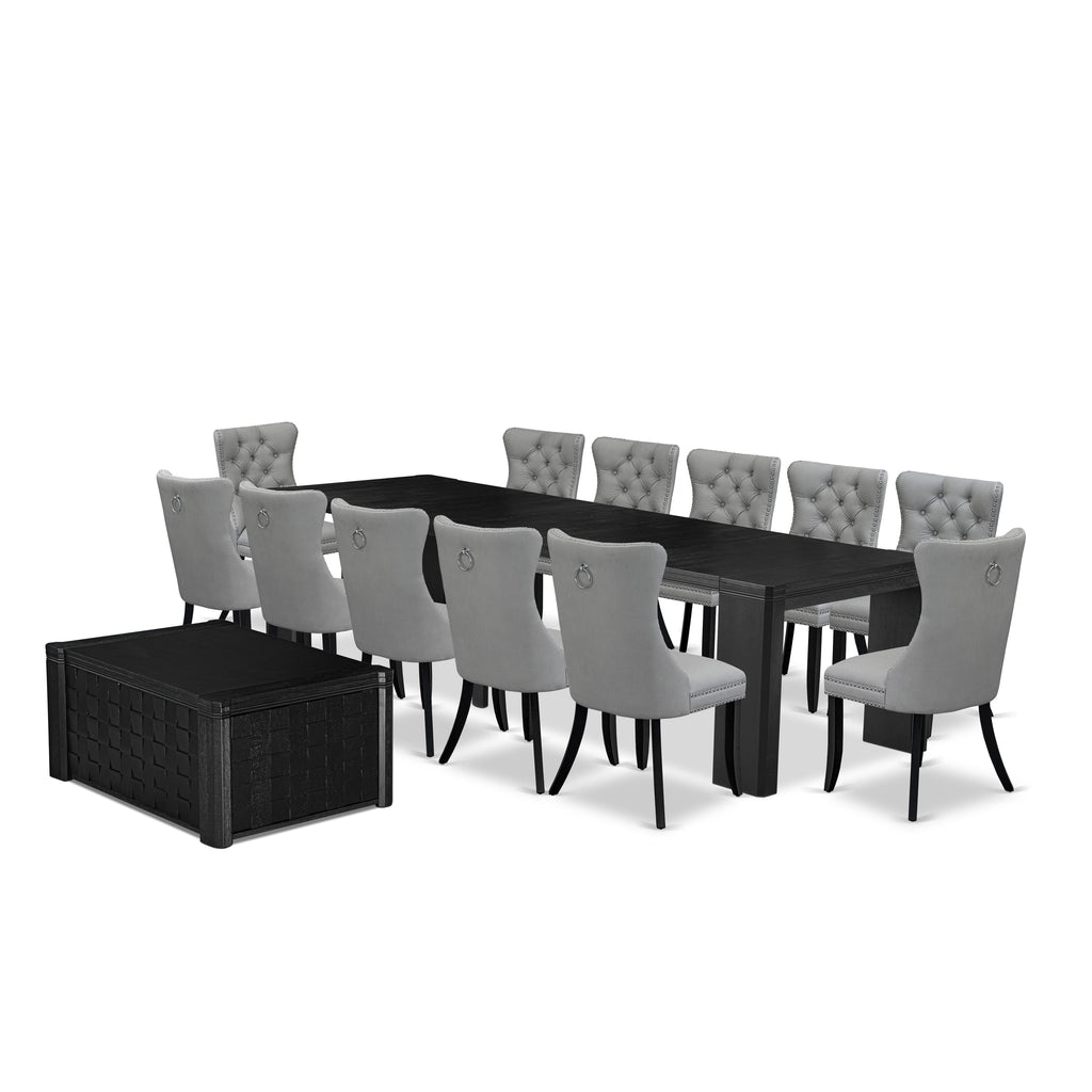 X12DA-YD6-09 Stylish 14-Piece Dining Ensemble with Rectangular Table, Coffee Table & 12 Light Gray Chairs