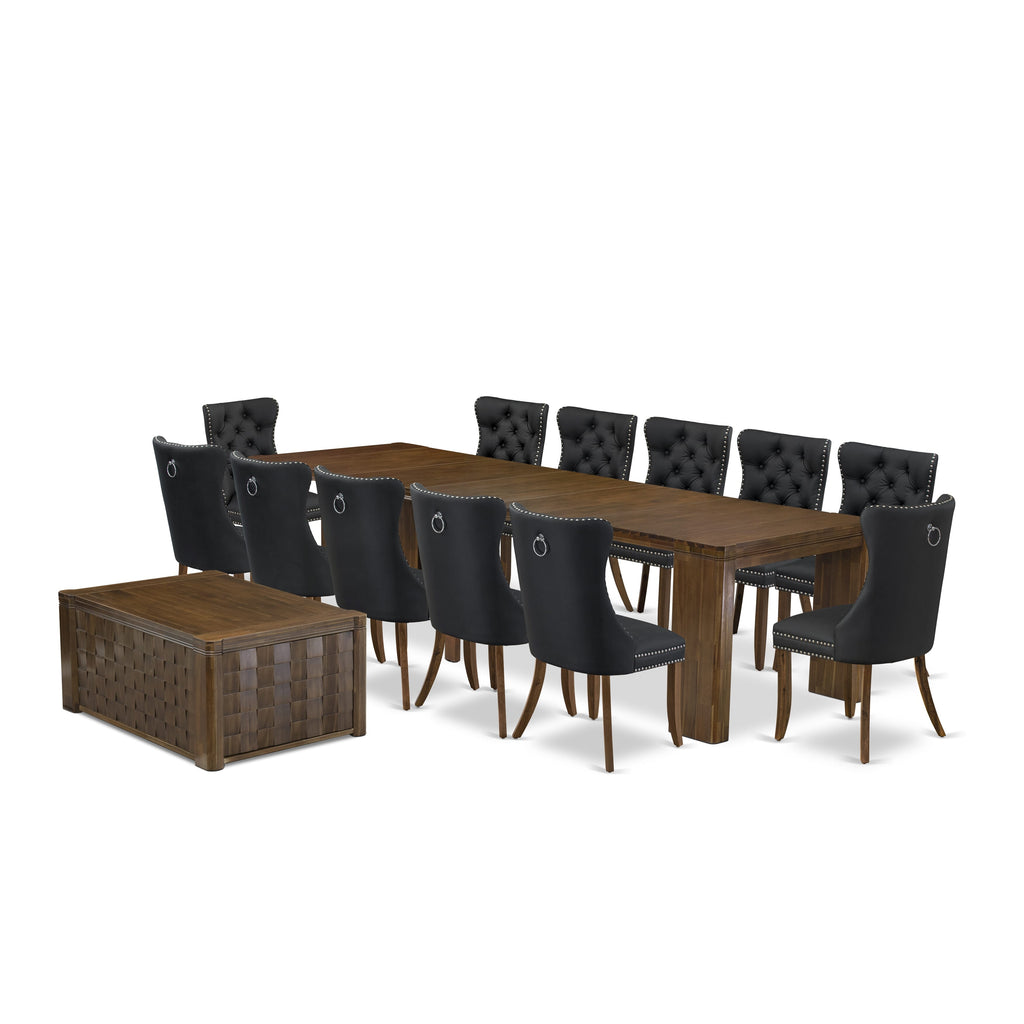 X12DA-J9P-NU Deluxe Extendable 14-Piece Dining & Coffee Set, Rectangle Table & 12 Chairs - Antique Finish