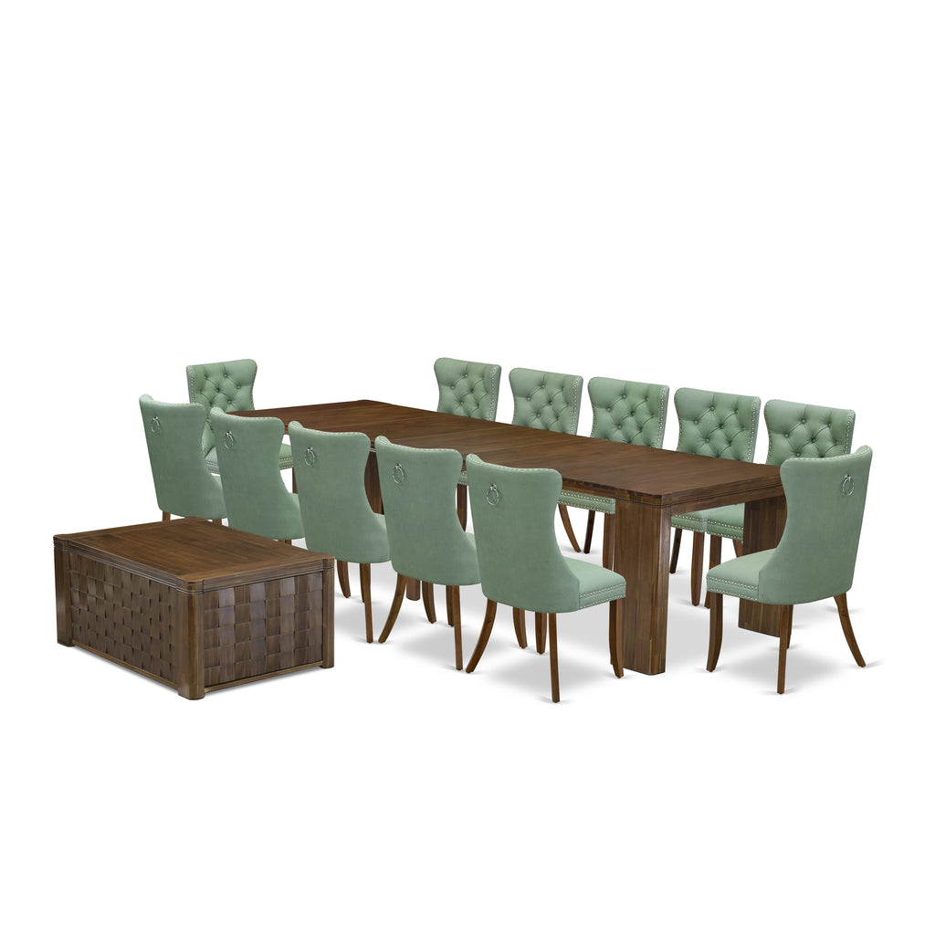 Luxe Antique Walnut Dining Ensemble, 14 Pieces - X12DA-J2Q-3L Complete Set with Rectangle Table & Coffee Table, 12 Chairs