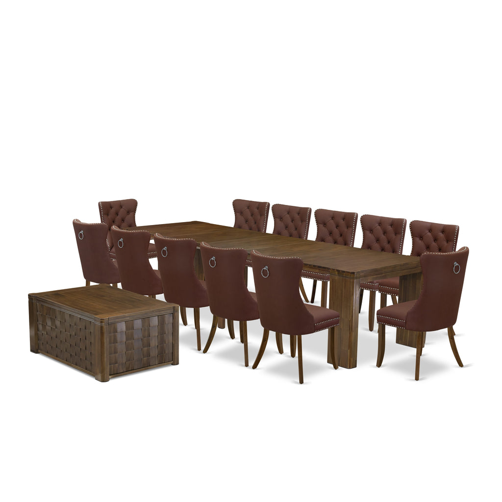 X12DA-8G7-Z1 Antique Walnut 14-Piece Expandable Set with Rectangle & Coffee Tables Plus 12 Dining Chairs