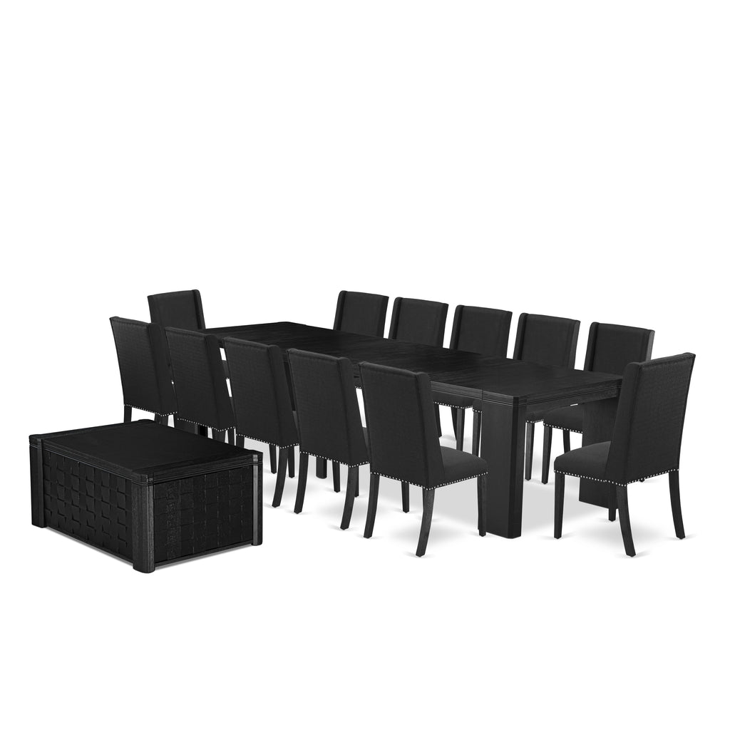 X12FL-CRR-8O Elegant 14-piece Dining Ensemble with a Coffee Table, Rectangular Dining Table, and 12 Black Linen Chairs