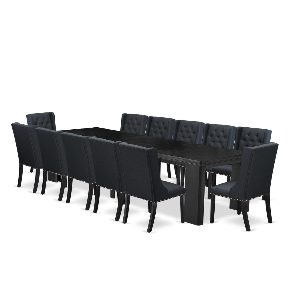 X12FO-KOX-S5 Elegant 13-Piece Dining Ensemble, Rectangle Table & 12 Charcoal-Chic Chairs, Sleek Wood Finish
