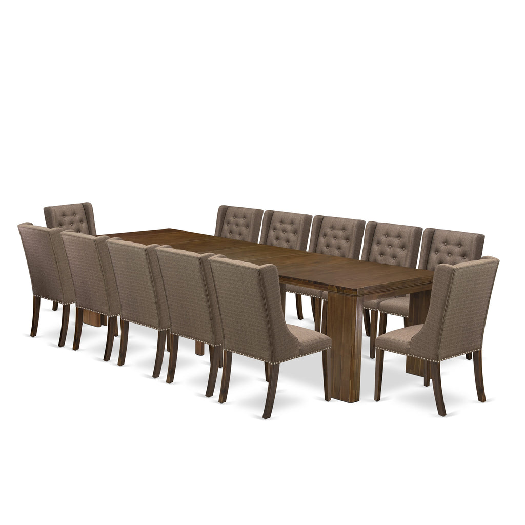 X12FO-AL1-90 Elegant Antique Walnut Expansion Dining Set Rectangle Table & 12 Chairs for Refined Dining Spaces