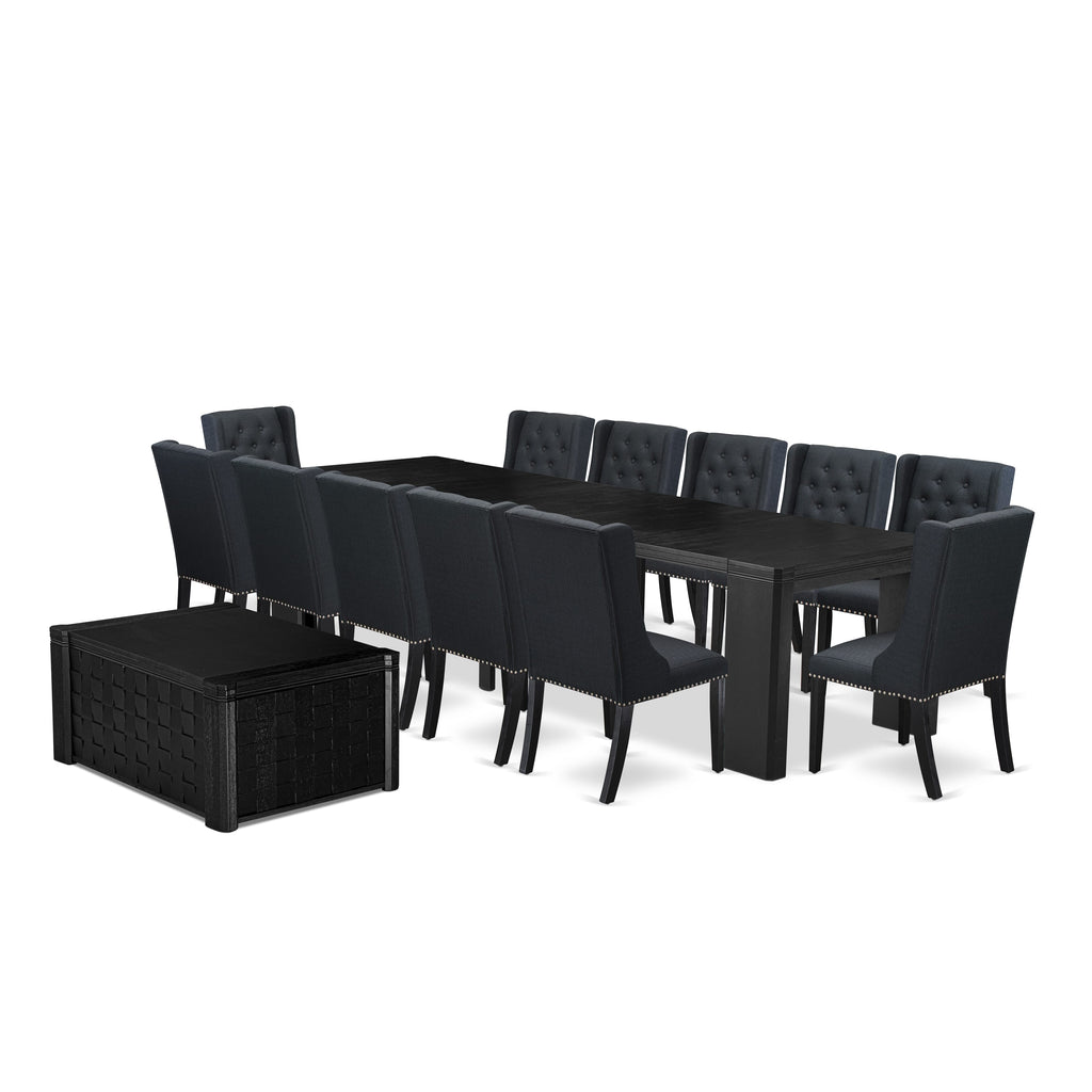 X12FO-OXF-ID Elegant 14-Piece Dining Ensemble with Rectangular Table, Coffee Table, and 12 Chairs in Black Linen Fabric Finish
