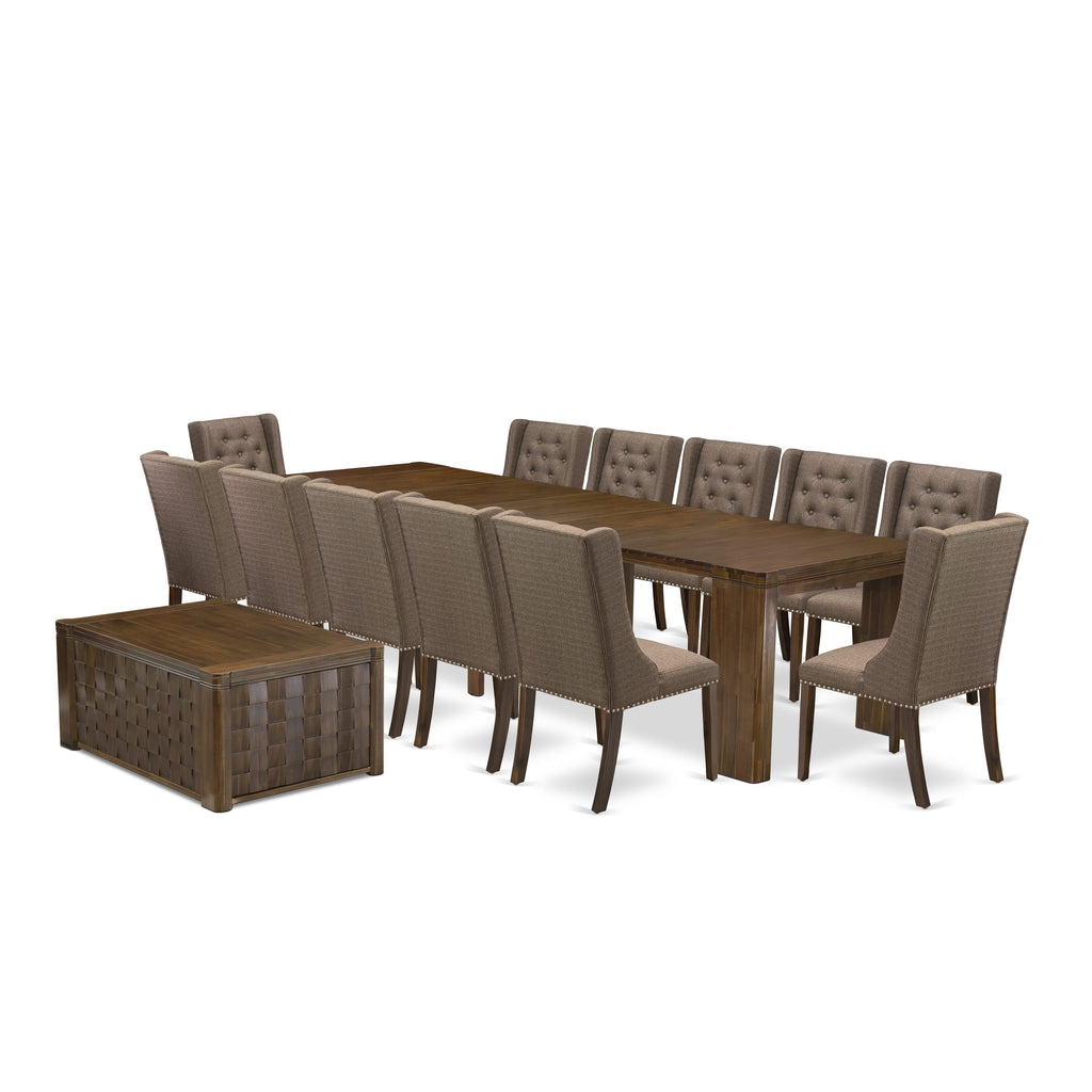 X12FO-542-9N Elegant Dining Set Includes 14 Pieces with Extendable Dining Table, Coffee Table and 12 Chairs, Antique Walnut Finish