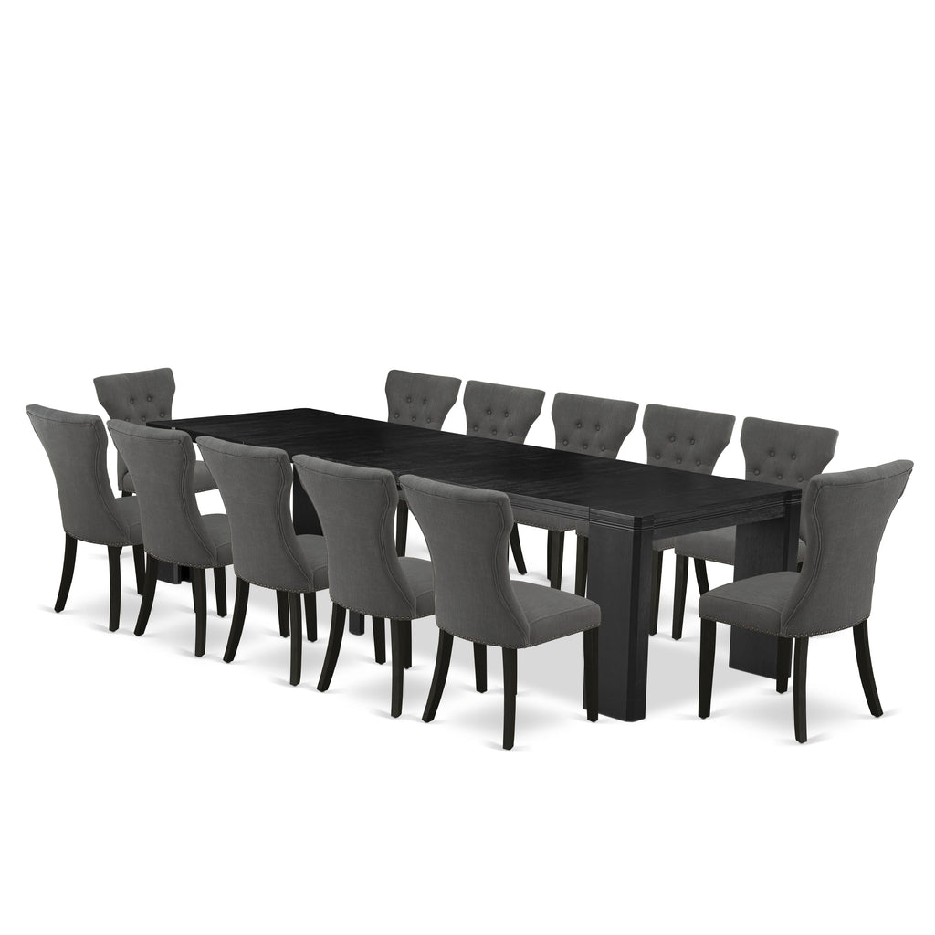 X12GA-4CG-FU Exclusive 13-Piece Modern Dining Table Set with Rectangular Kitchen Table & 12 Grey Linen Chairs, Brushed Black Finish