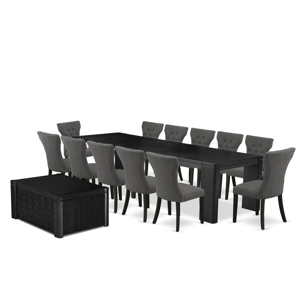 X12GA-DYQ-GS Elegance 14-Piece Dining Collection Rectangular Table, Coffee Table & 12 Dark Grey Linen Chairs