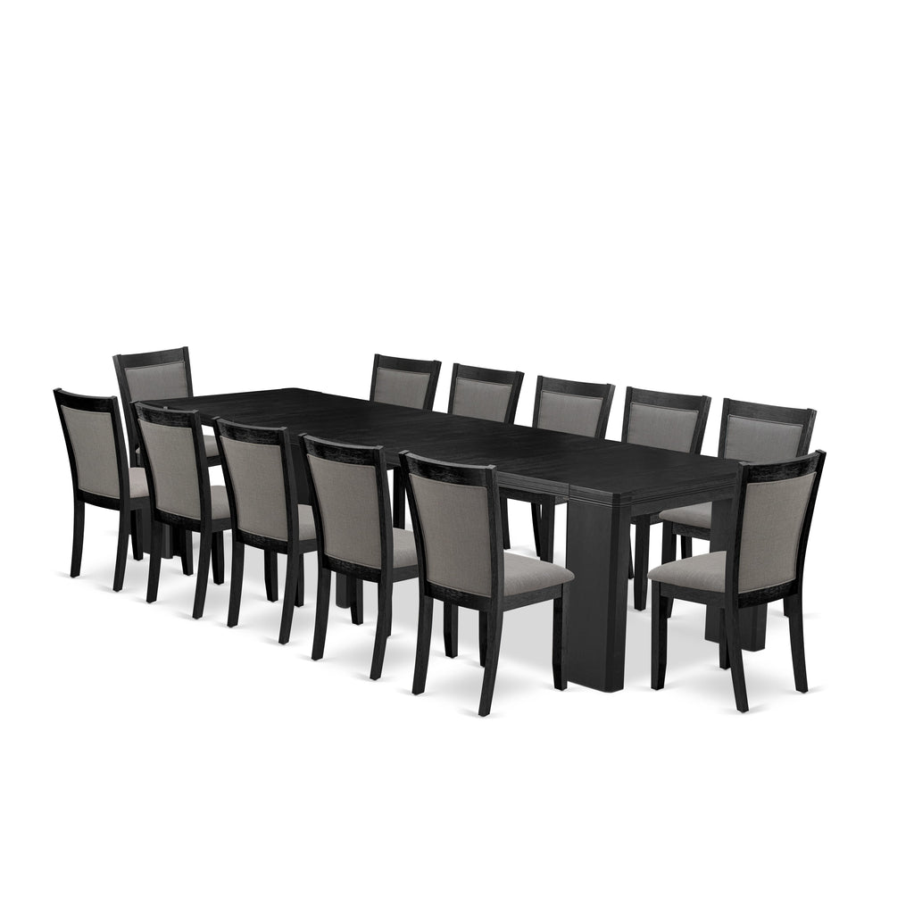 X12MZ-2GF-WK Dining Ensemble 13-Piece Set Chic Rectangular Table and 12 Grey Chairs in Black Brush