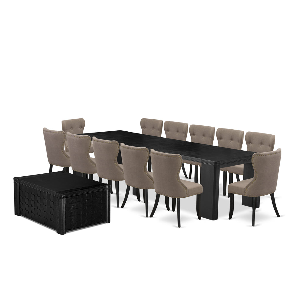 X12SI-5MY-Z5 Elegant 14-Piece Dining Ensemble Rectangular Table with Stunning Linen Upholstered Chairs in a Dark Finish