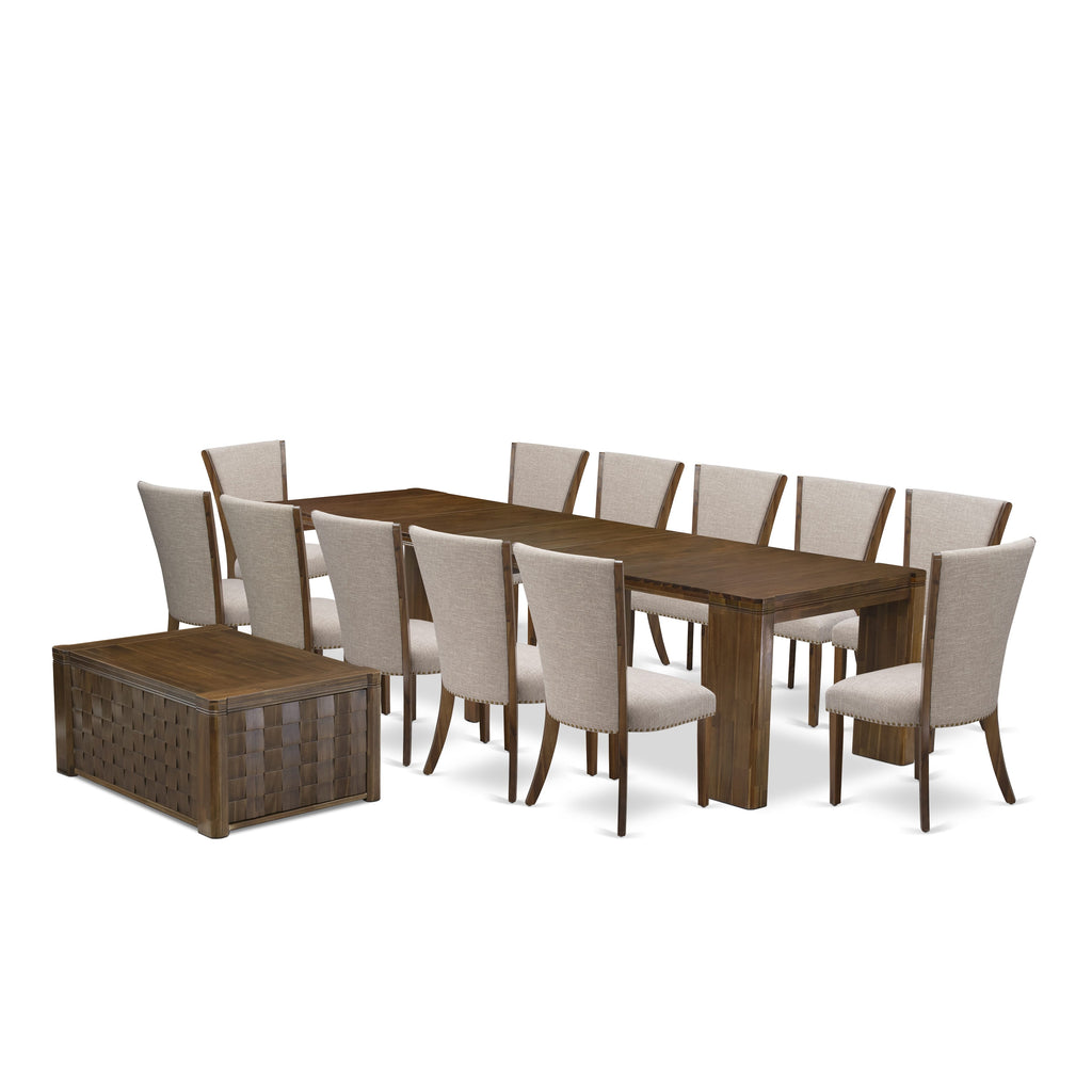 X12VE-OXN-U8 Timeless 14-Piece Dining Ensemble with Expandable Main Table, Includes Coffee Table & Dozen Chairs in Rich Walnut Finish