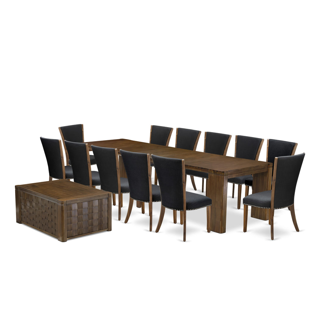 Exquisite X12VE-3HN-ZO 14 Piece Expandable Dining Suite with Rectangular Table, Coffee Stand and 12 Chairs in Elegant Walnut Finish