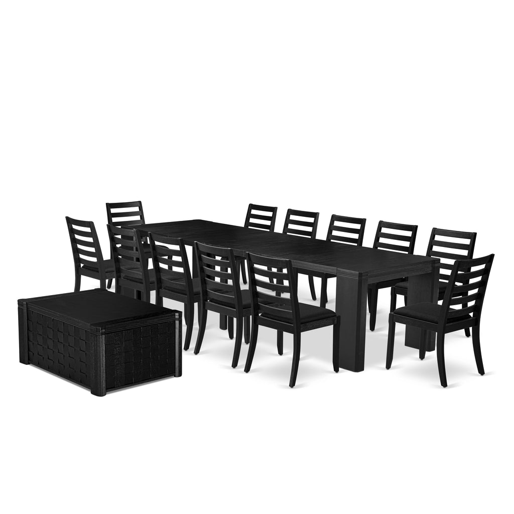 X12X1-J3I-84 14-Piece Dining Set with Elegant Rectangular Table and 12 Chic Black Linen Chairs in Wire Brushed Finish