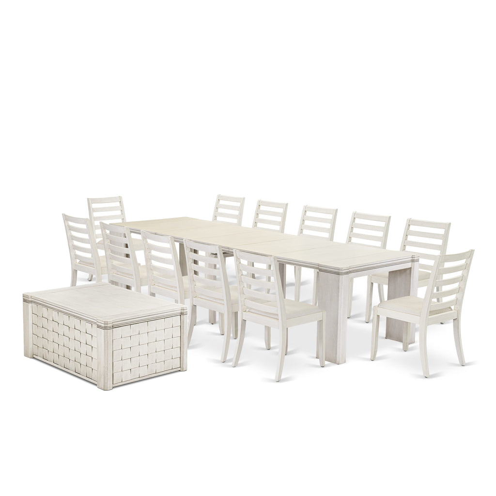 X12X1-2VO-2X Elegant 14-Piece Dining Ensemble with Extendable Table and Stackable Chairs in Antique White Finish