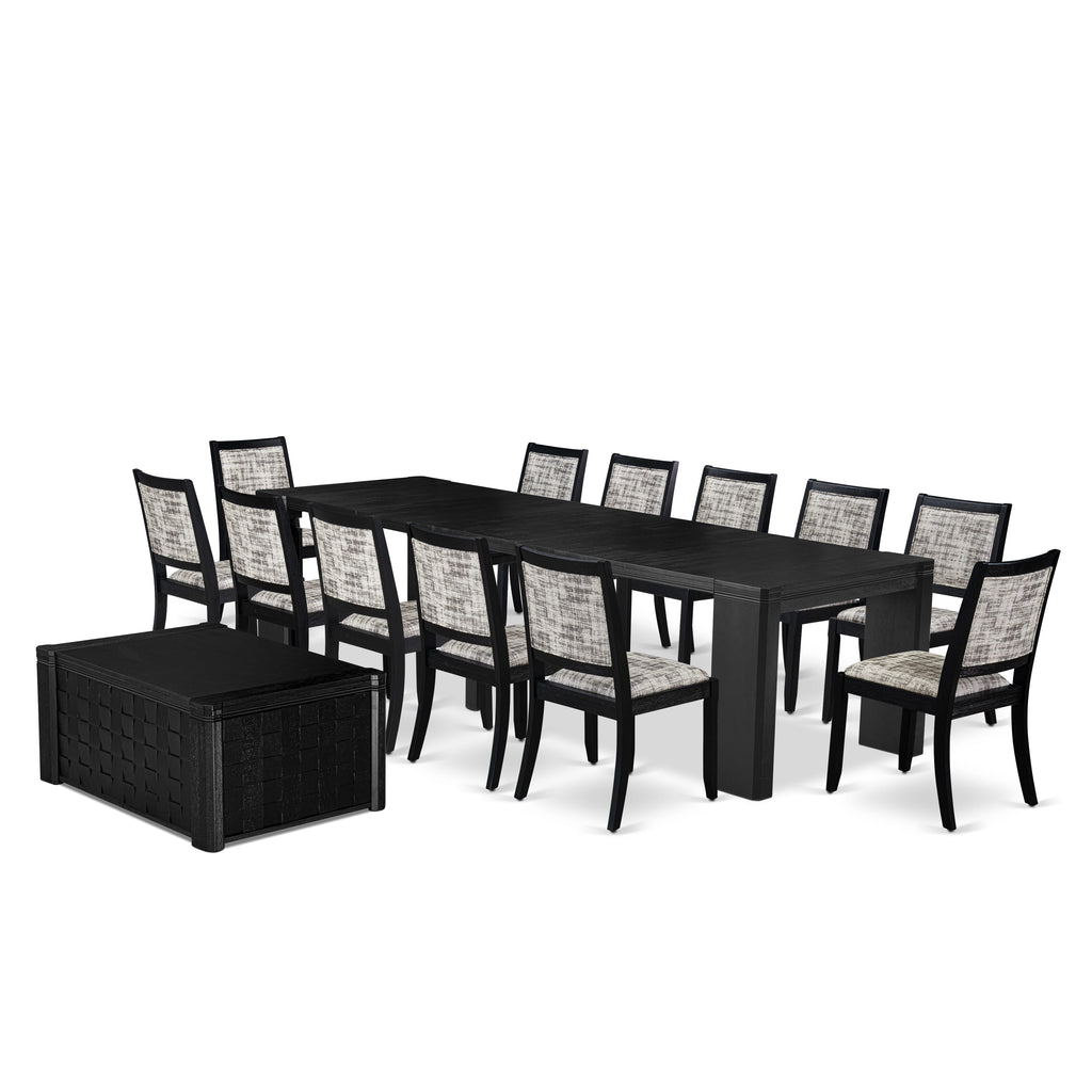 X12X2-17N-H3 14-Pc Dining Ensemble with Stacked Faux Leather Chairs and Rectangular Table, Wire Brushed Black