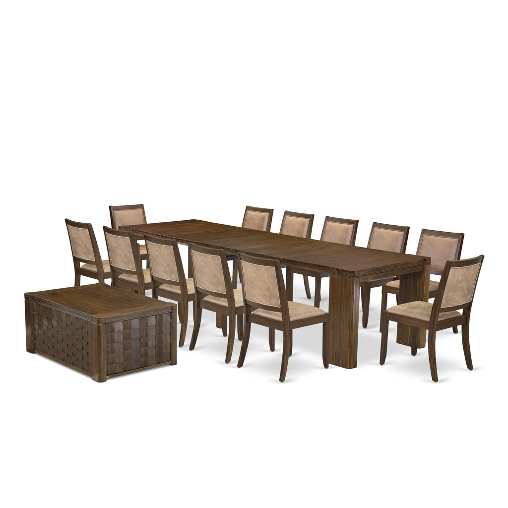 Dining Set Extravaganza X12X2-52X-F0 Deluxe 14-Piece Antique Walnut Setup with Extendable Table and Stackable Chairs