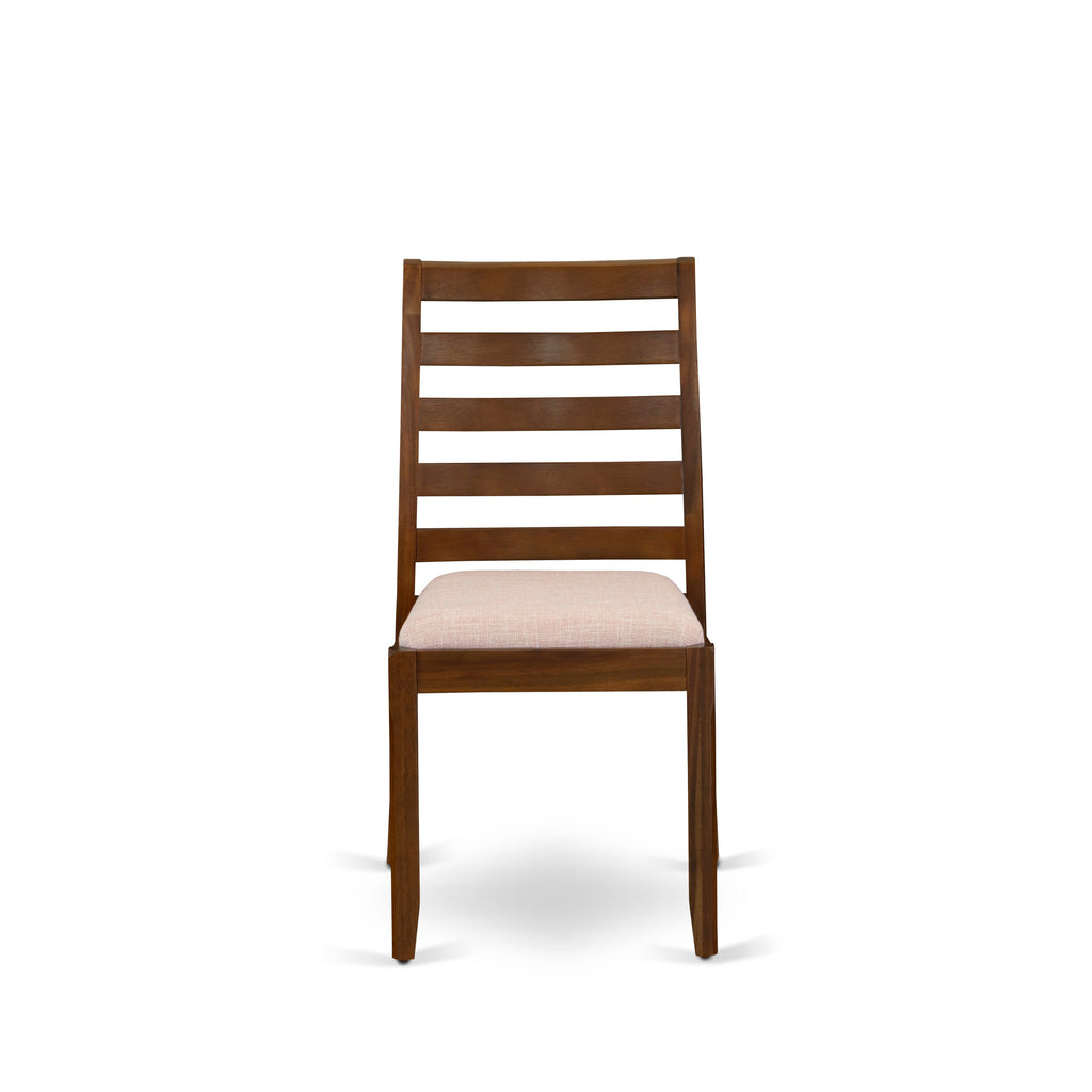 YAX15-JYI-EM Unique 5-Piece Dining Set Antique Walnut Table & Stackable Chairs with Light Tan Linen