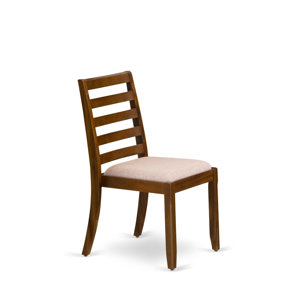 YAX15-JYI-EM Unique 5-Piece Dining Set Antique Walnut Table & Stackable Chairs with Light Tan Linen