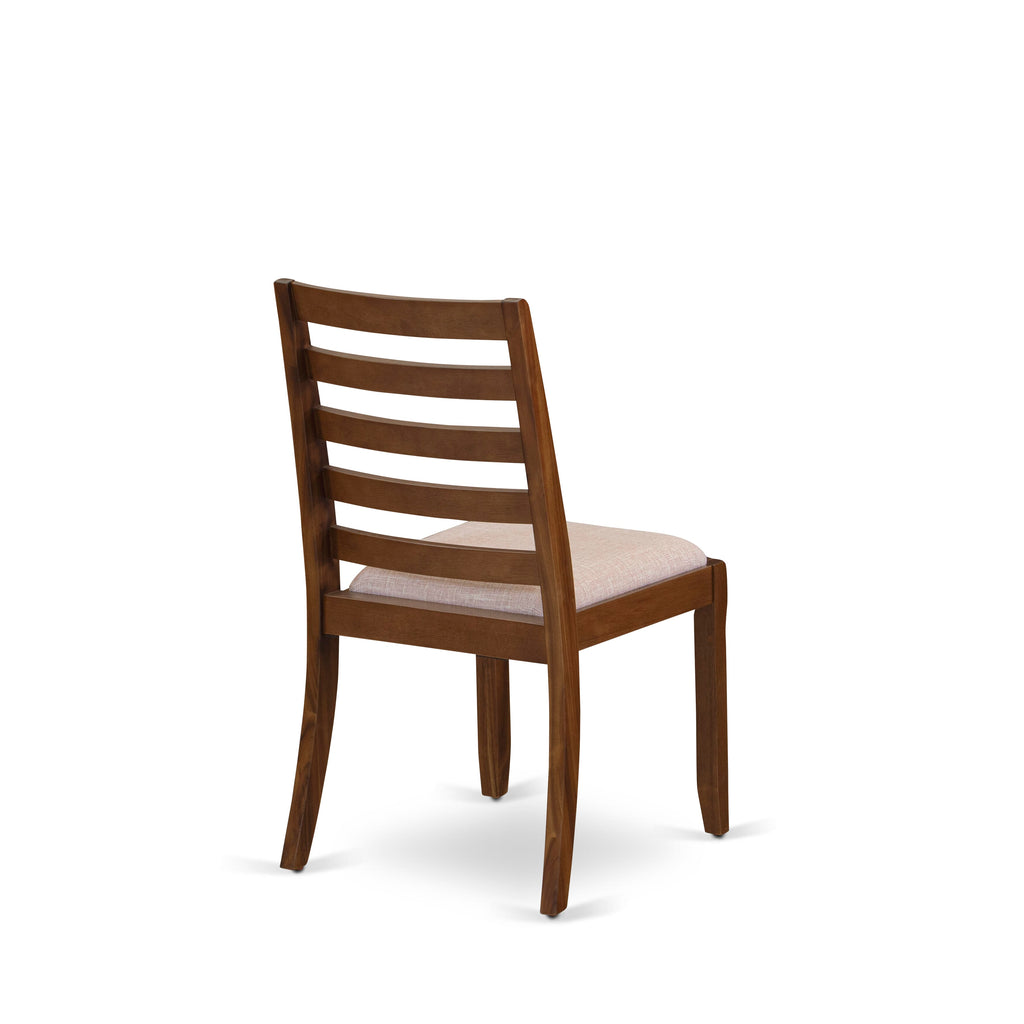 YAX15-JYI-EM Unique 5-Piece Dining Set Antique Walnut Table & Stackable Chairs with Light Tan Linen