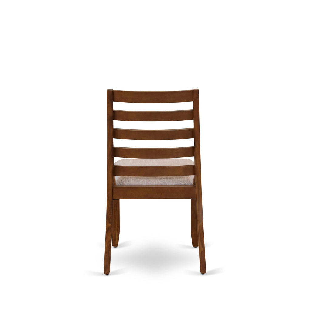 YAX15-JYI-EM Unique 5-Piece Dining Set Antique Walnut Table & Stackable Chairs with Light Tan Linen