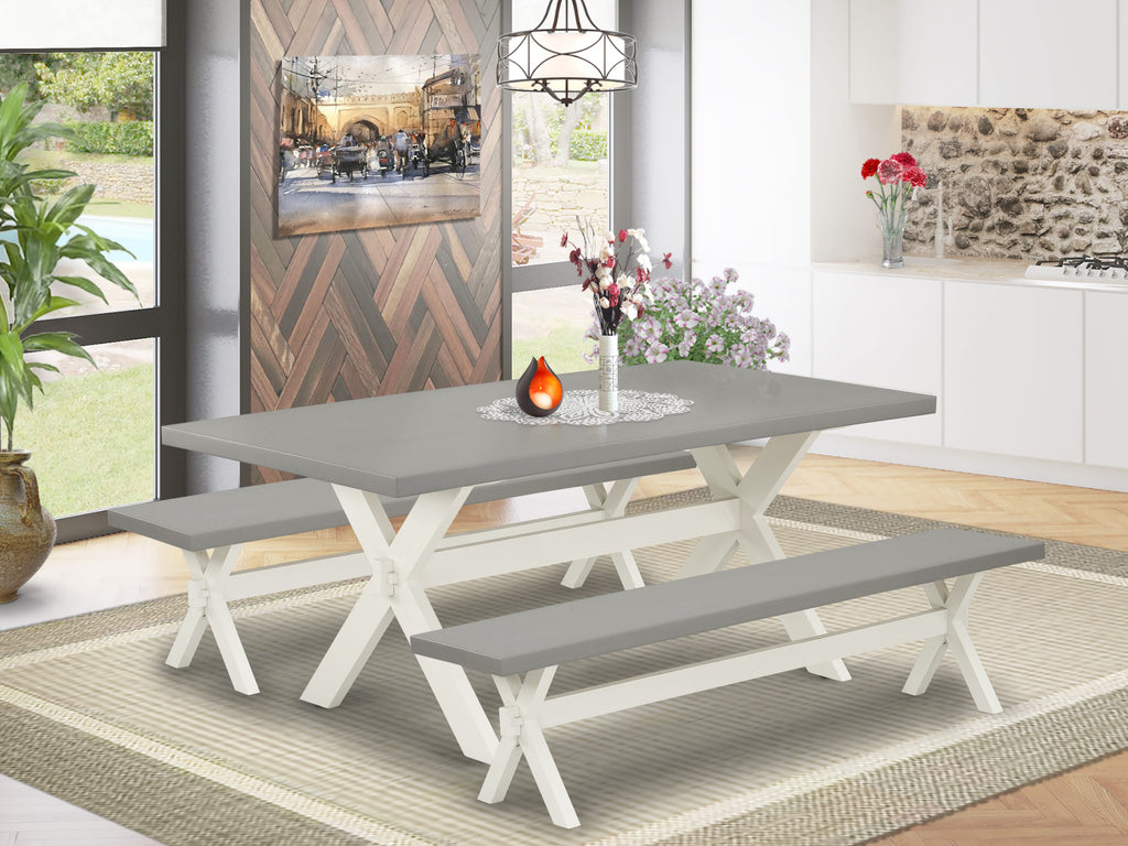 X2-091 Dining Room Ensemble Rectangle Table with X-Legs and Two Benches, 3 Piece Multi-Hued Set, 40x72 In.