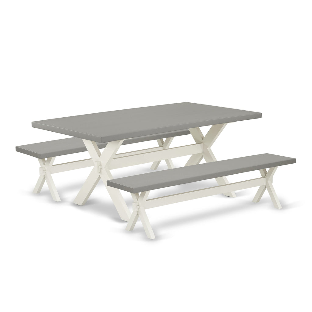 X2-091 Dining Room Ensemble Rectangle Table with X-Legs and Two Benches, 3 Piece Multi-Hued Set, 40x72 In.
