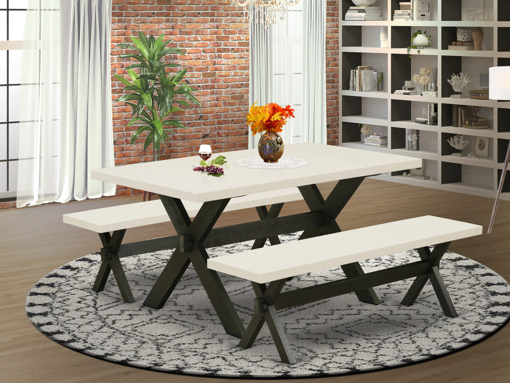 X2-62N Unique 3 Piece Dining Set with Rectangle Table Featuring X-Legs and Pair of Benches, Multi-Hue Design