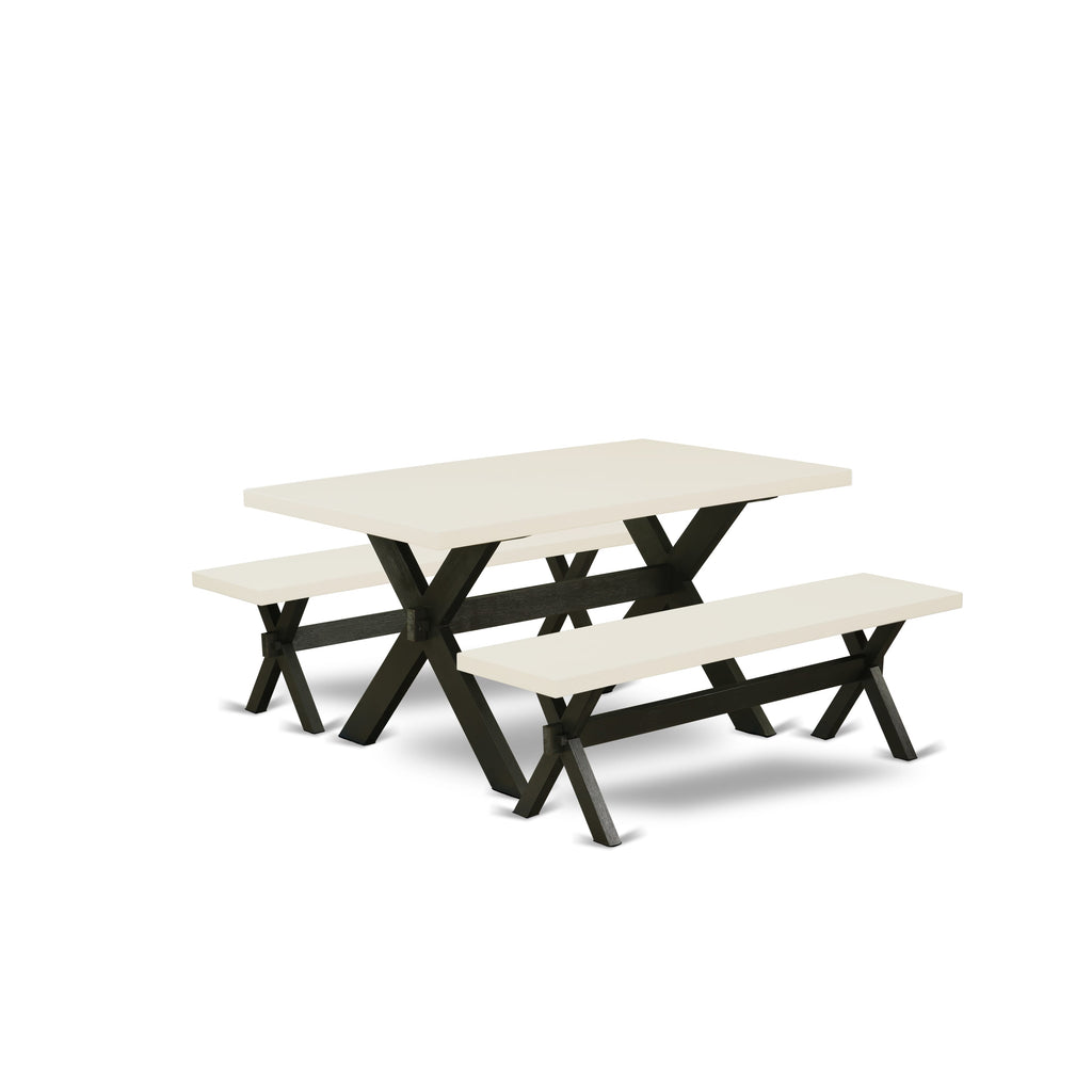 X2-62N Unique 3 Piece Dining Set with Rectangle Table Featuring X-Legs and Pair of Benches, Multi-Hue Design