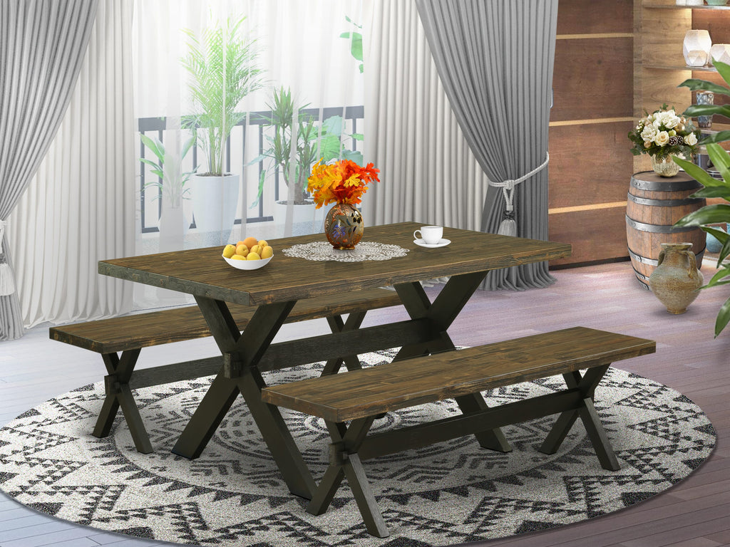 X2-672 Compact Dining Comfort 3-Piece Rectangle Table Set with X-Legs and Dual Benches for Cozy Spaces