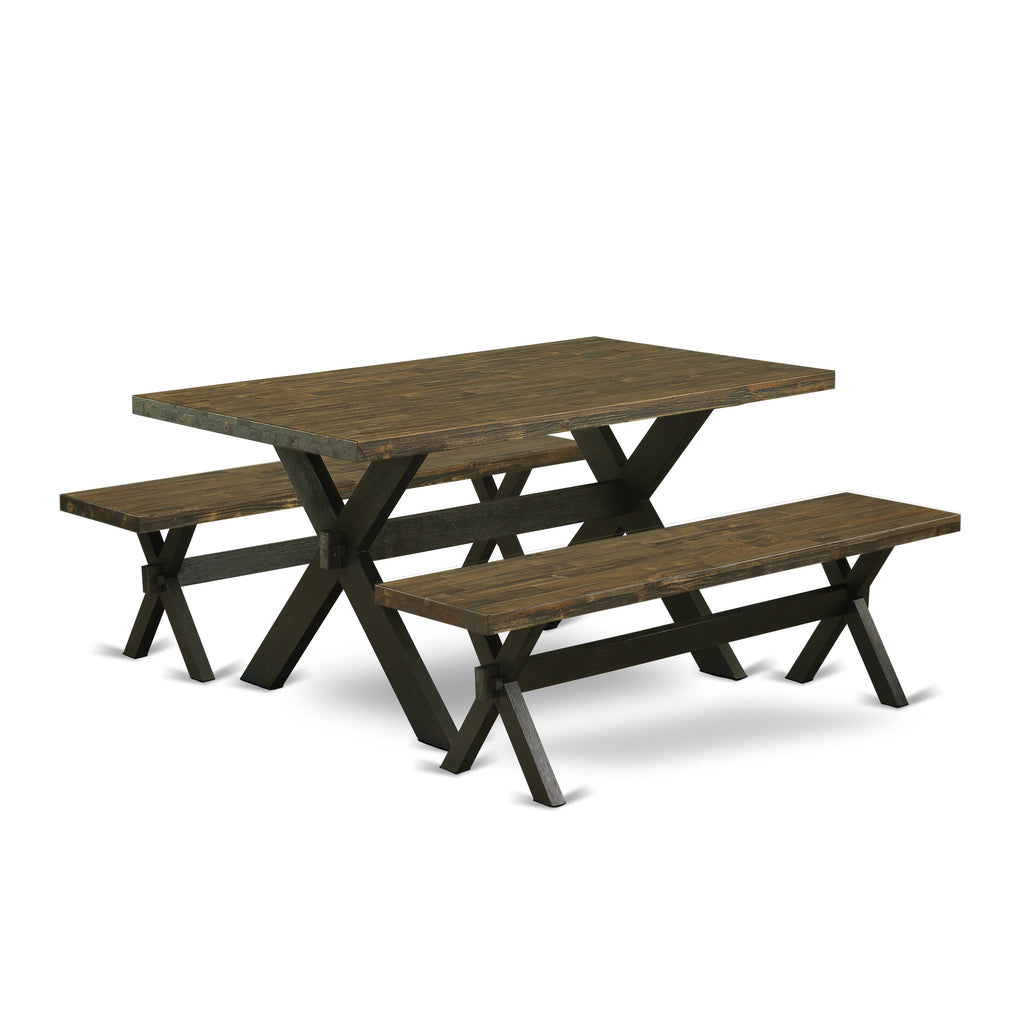 X2-672 Compact Dining Comfort 3-Piece Rectangle Table Set with X-Legs and Dual Benches for Cozy Spaces